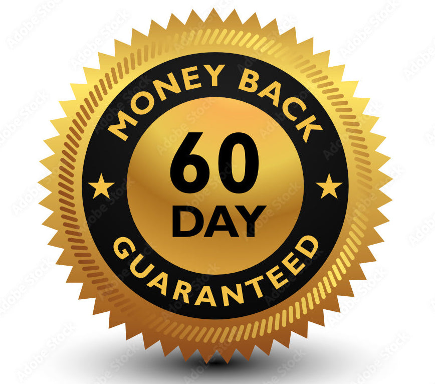 Gold and black 'Money Back 60 Day Guaranteed' badge on a white background