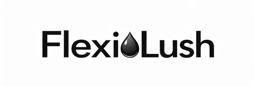 FlexiLush logo with a black droplet symbol on a white background