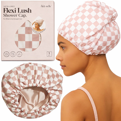 Checkered shower cap with packaging and a model wearing it on a white background