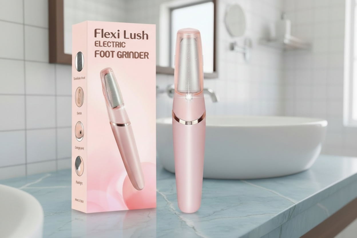 Flexi Lush electric foot grinder with packaging on a bathroom counter.